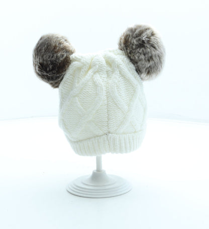 F&F Girls White Acrylic Bobble Hat Size S - Faux fur