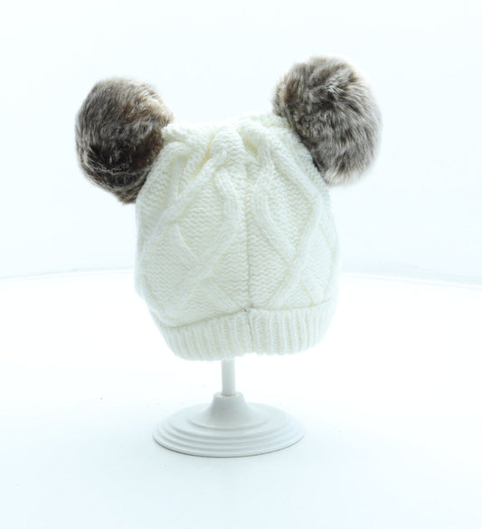 F&F Girls White Acrylic Bobble Hat Size S - Faux fur