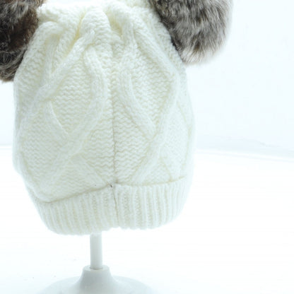 F&F Girls White Acrylic Bobble Hat Size S - Faux fur