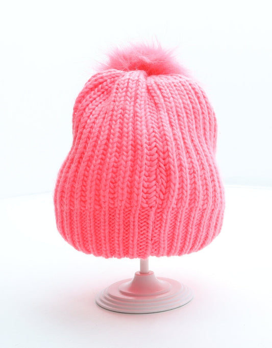 Preworn Girls Pink Geometric Acrylic Bobble Hat One Size - Alphabet K Faux Fur