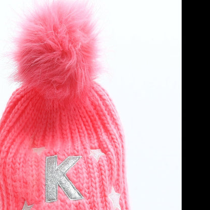 Preworn Girls Pink Geometric Acrylic Bobble Hat One Size - Alphabet K Faux Fur