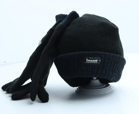 George Mens Black Acrylic Beanie Size L - Gloves Included