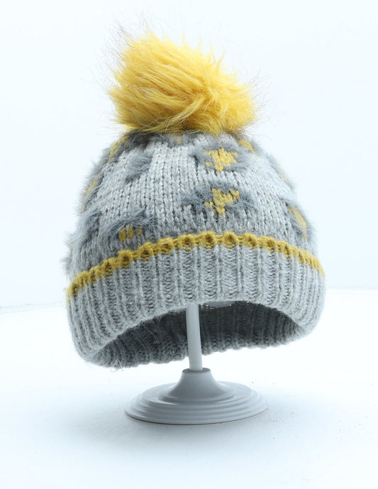 George Girls Grey Animal Print Acrylic Bobble Hat One Size - Leopard print