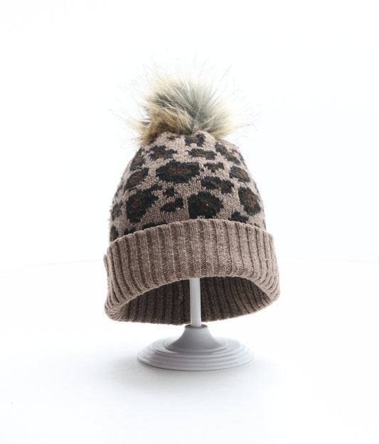 F&F Girls Brown Animal Print Polyester Bobble Hat One Size - Leopard print