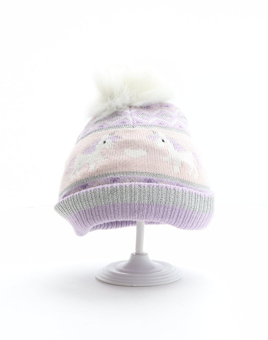 Preworn Girls Multicoloured Fair Isle Acrylic Bobble Hat One Size - Unicorn pattern, Heart pattern