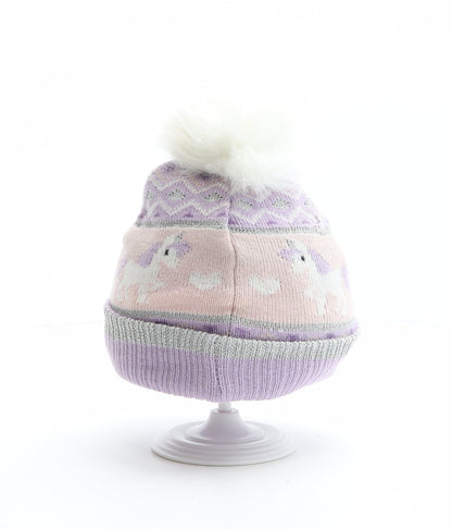 Preworn Girls Multicoloured Fair Isle Acrylic Bobble Hat One Size - Unicorn pattern, Heart pattern