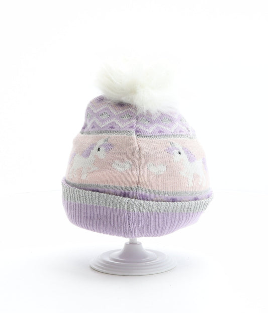 Preworn Girls Multicoloured Fair Isle Acrylic Bobble Hat One Size - Unicorn pattern, Heart pattern