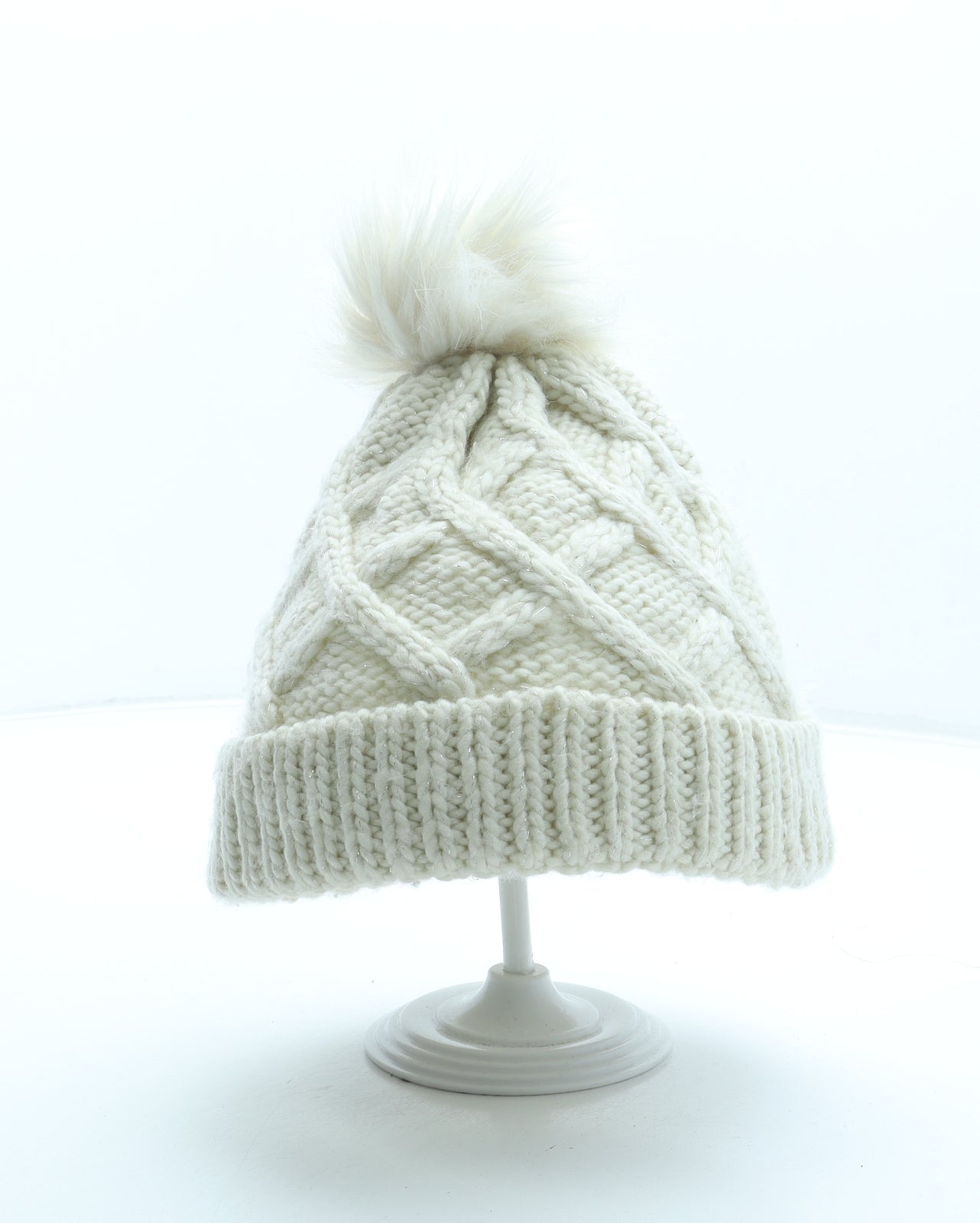 F&F Girls Ivory Acrylic Bobble Hat Size S - Faux fur