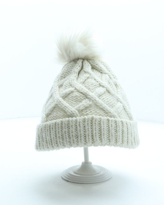 F&F Girls Ivory Acrylic Bobble Hat Size S - Faux fur