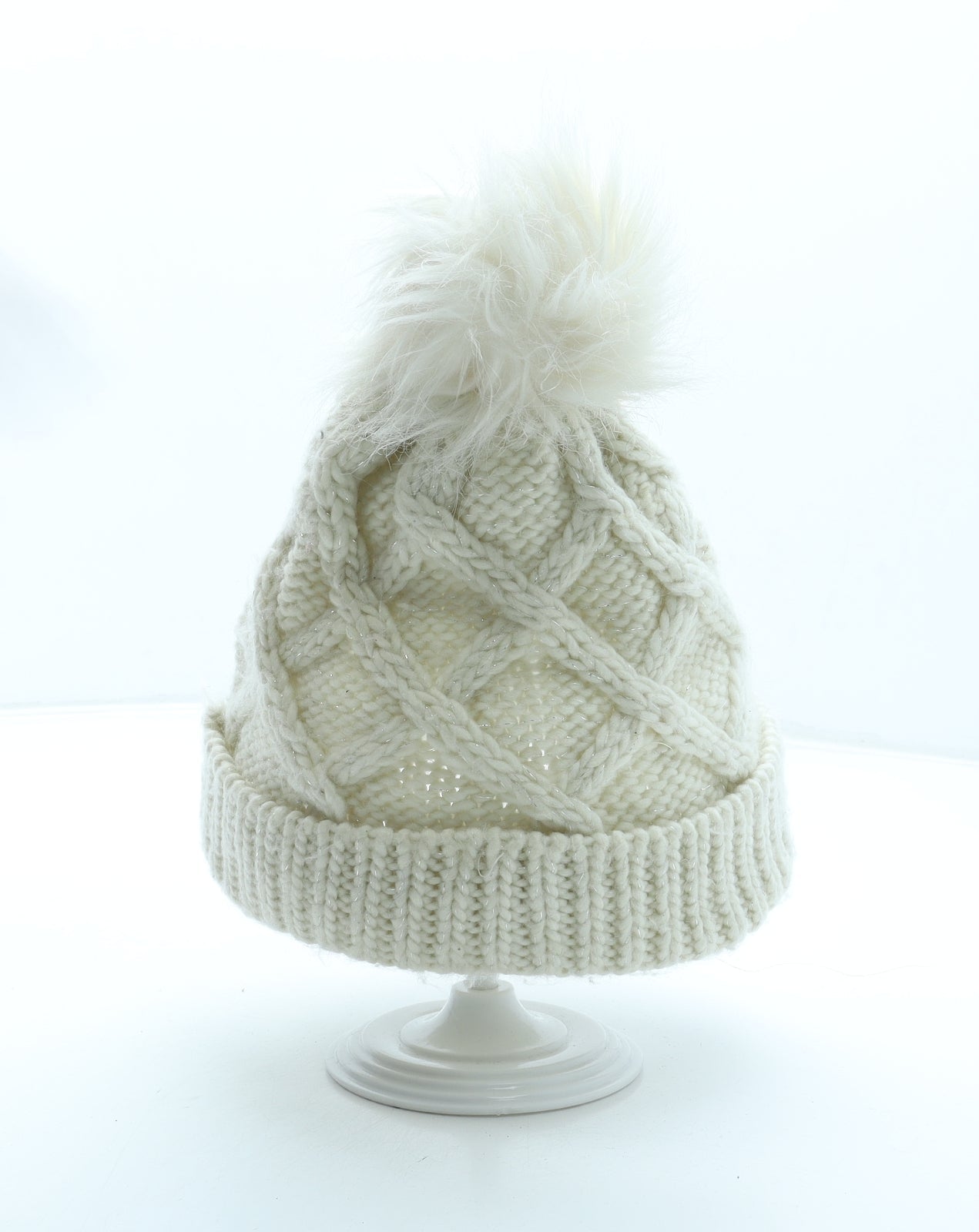 F&F Girls Ivory Acrylic Bobble Hat Size S - Faux fur