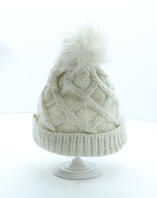 F&F Girls Ivory Acrylic Bobble Hat Size S - Faux fur
