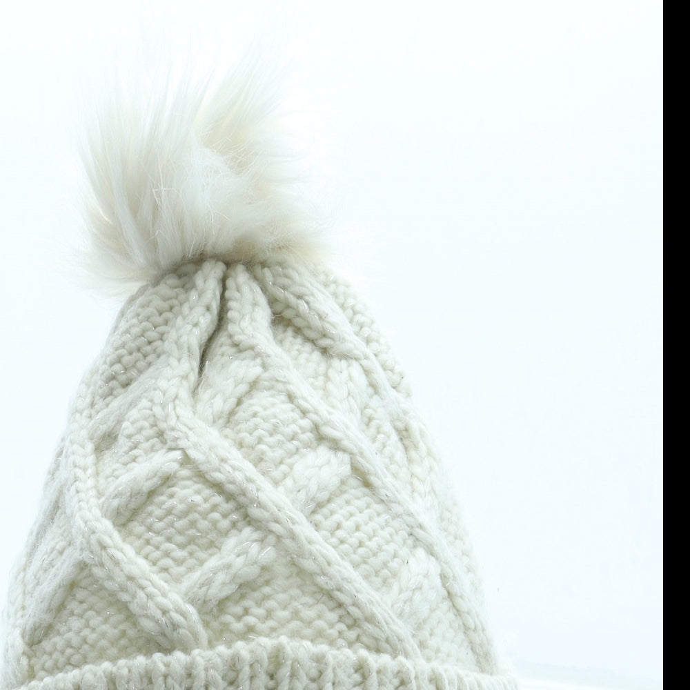 F&F Girls Ivory Acrylic Bobble Hat Size S - Faux fur