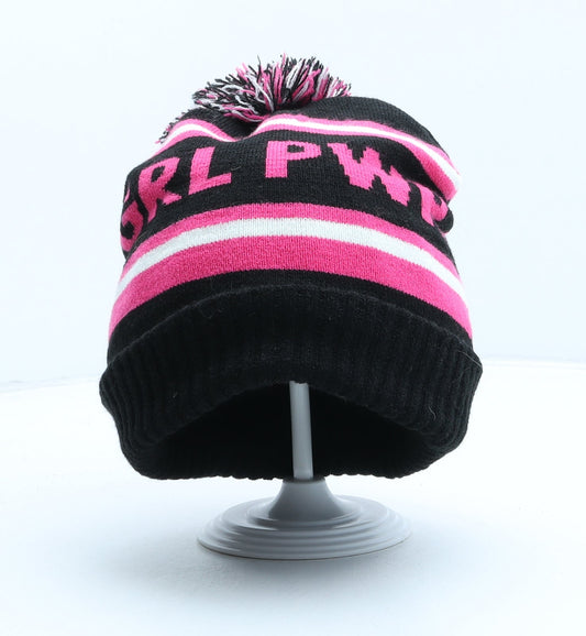 Primark Girls Black Striped Acrylic Bobble Hat One Size - Girl Power