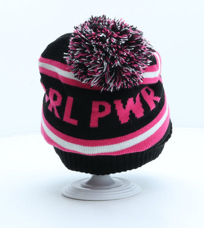 Primark Girls Black Striped Acrylic Bobble Hat One Size - Girl Power