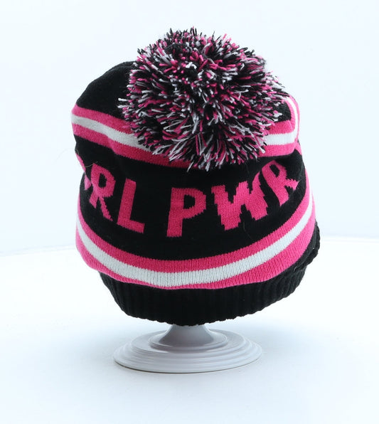 Primark Girls Black Striped Acrylic Bobble Hat One Size - Girl Power
