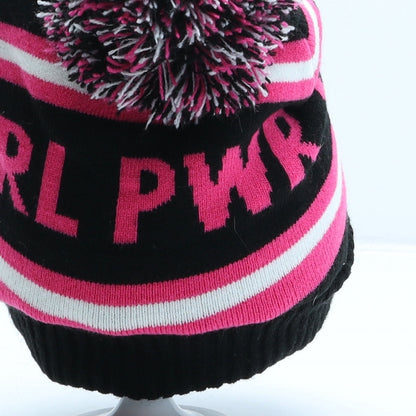 Primark Girls Black Striped Acrylic Bobble Hat One Size - Girl Power
