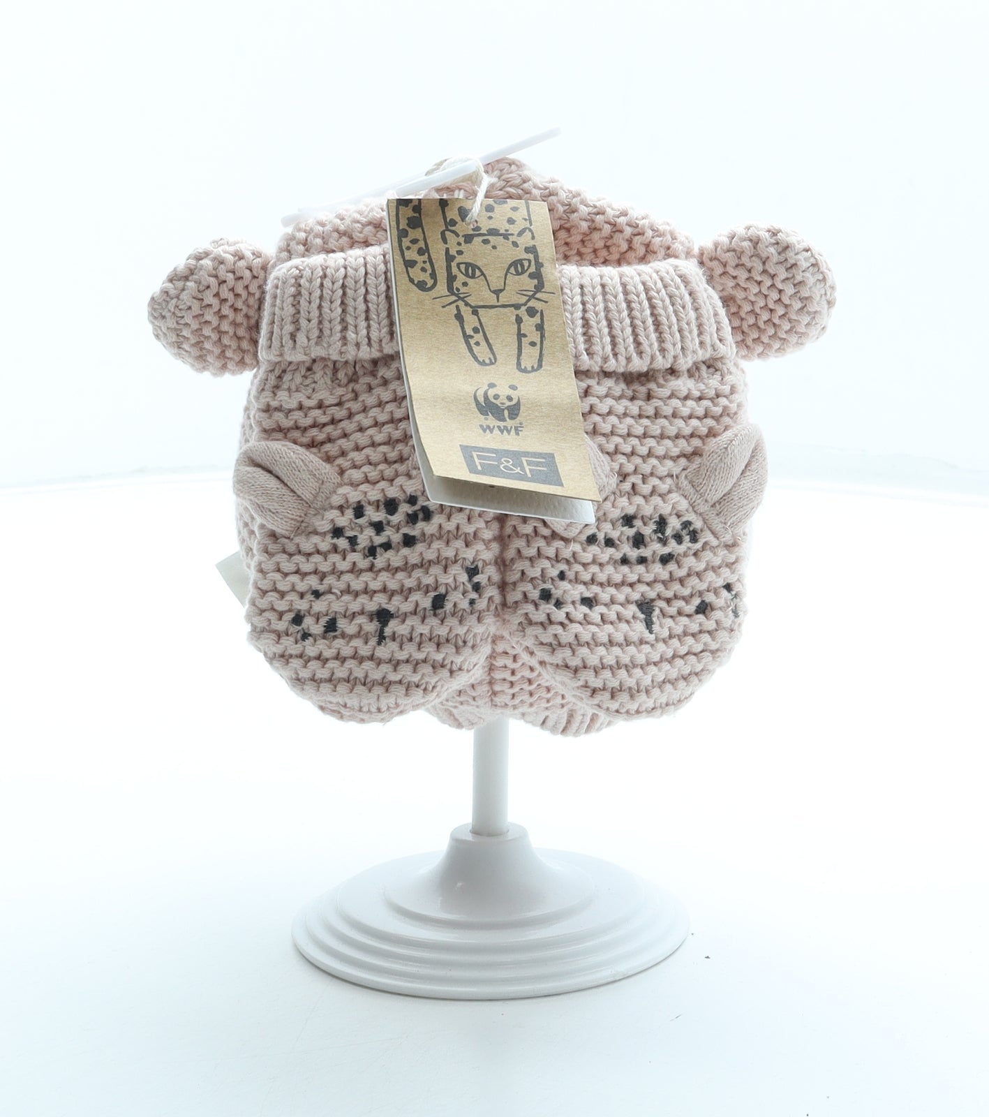 F&F Girls Pink Animal Print Acrylic Beanie One Size - Leopard Ears