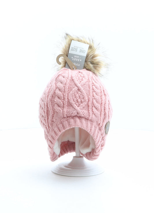 PEP&CO Girls Pink Acrylic Bobble Hat One Size - Flower Detail