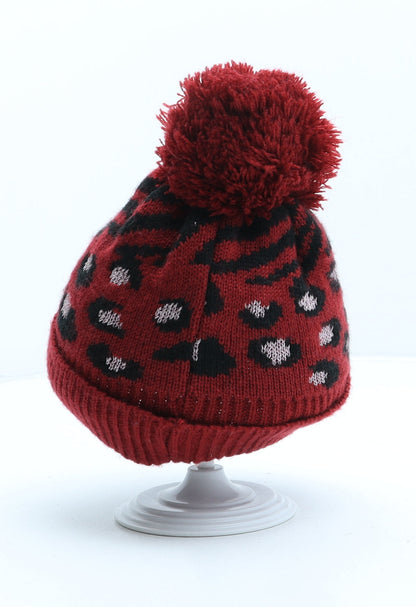 George Girls Red Animal Print Acrylic Bobble Hat One Size - Leopard print
