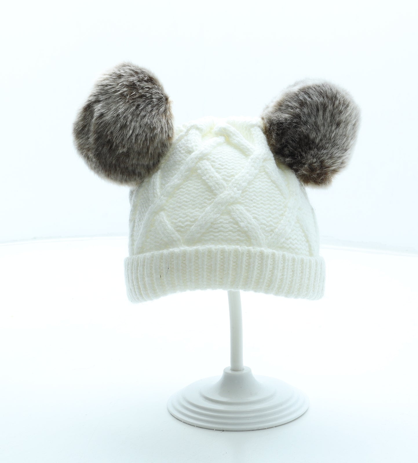 F&F Girls White Acrylic Bobble Hat One Size - Faux Fur