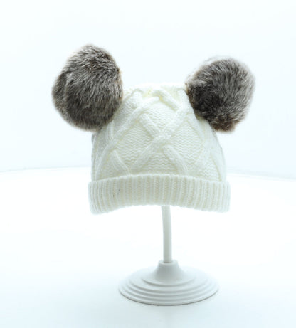 F&F Girls White Acrylic Bobble Hat One Size - Faux Fur
