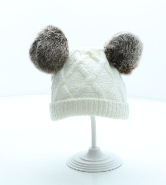 F&F Girls White Acrylic Bobble Hat One Size - Faux Fur