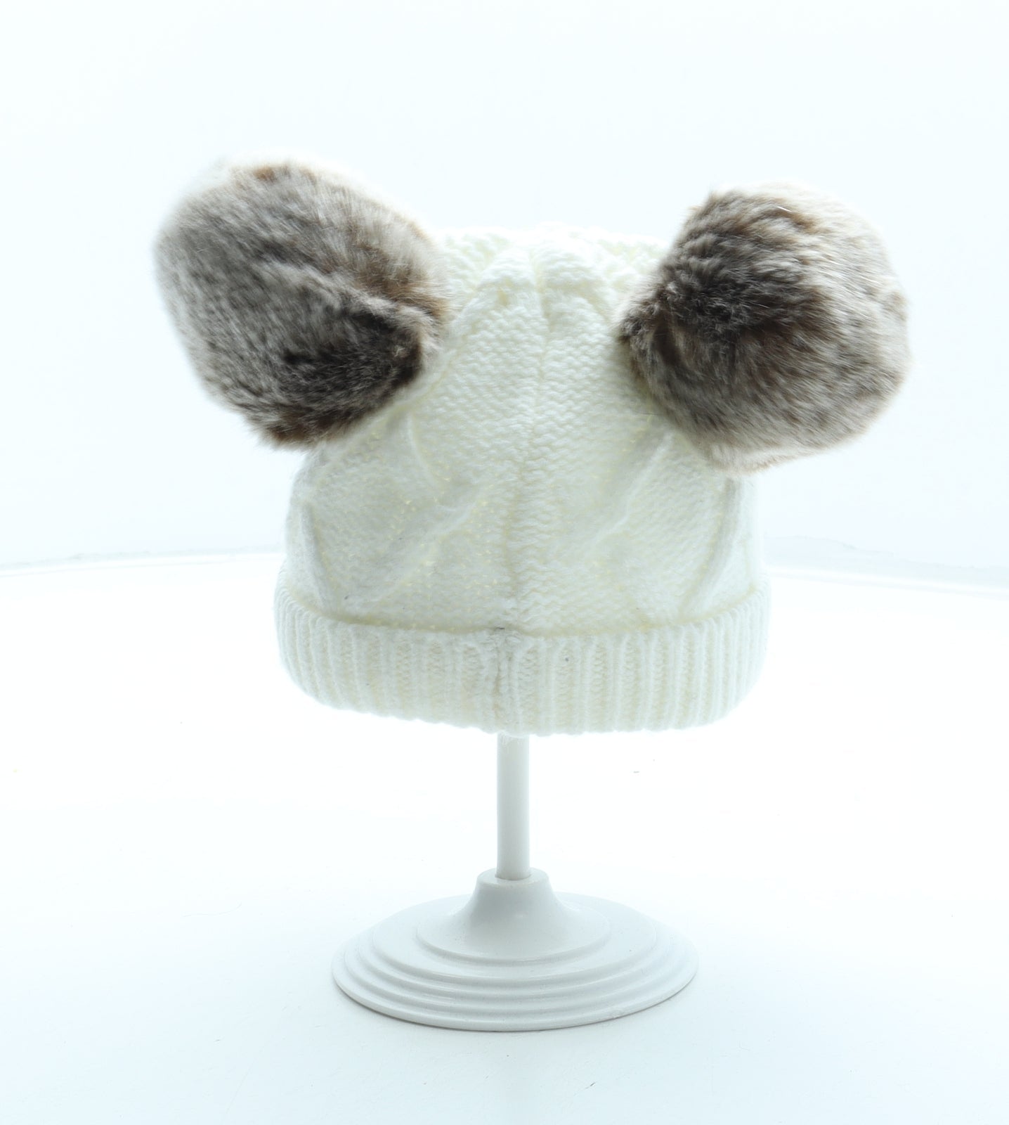 F&F Girls White Acrylic Bobble Hat One Size - Faux Fur