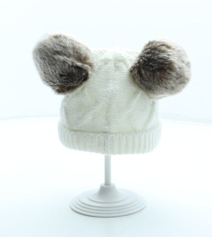 F&F Girls White Acrylic Bobble Hat One Size - Faux Fur