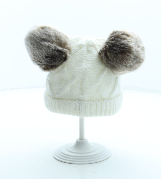 F&F Girls White Acrylic Bobble Hat One Size - Faux Fur