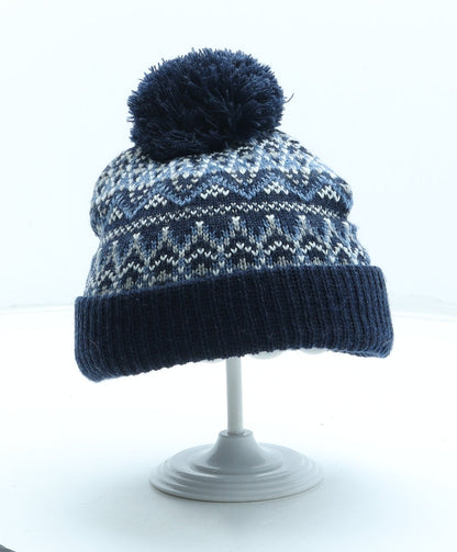 Primark Mens Blue Geometric Acrylic Beanie Size S - Pom Pom