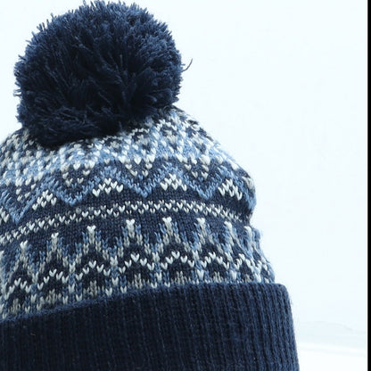 Primark Mens Blue Geometric Acrylic Beanie Size S - Pom Pom