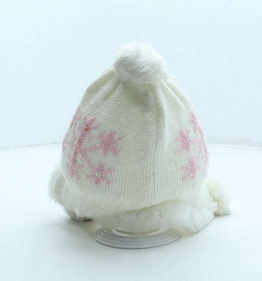 Preworn Girls White Geometric Acrylic Bonnet One Size - Pom Pom Snowflake