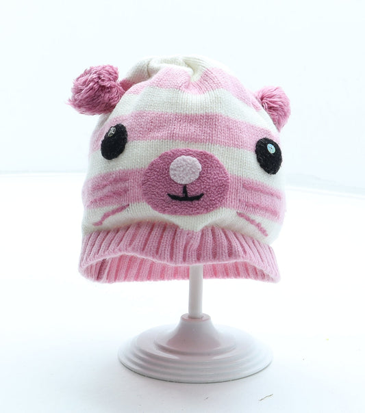 Preworn Girls Pink Striped Cotton Bobble Hat One Size - Cat
