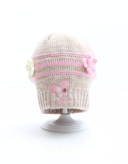 Preworn Girls Brown Striped Acrylic Beanie One Size - Minnie Mouse, Flower details
