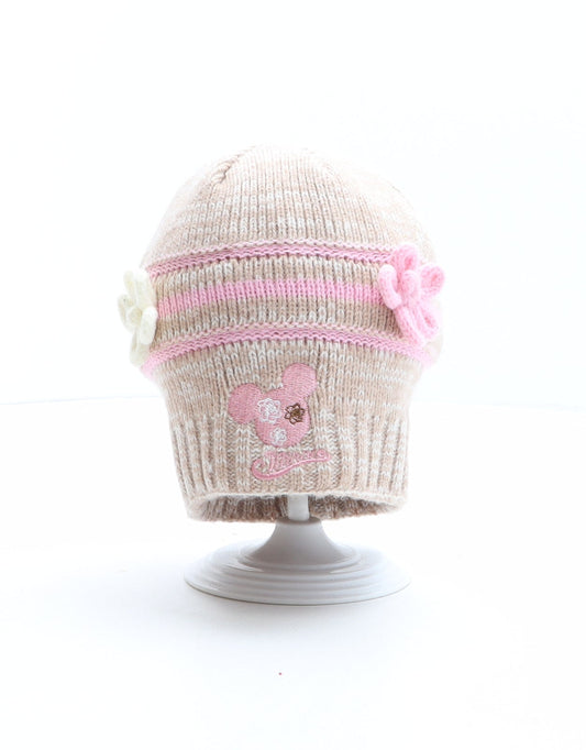 Preworn Girls Brown Striped Acrylic Beanie One Size - Minnie Mouse, Flower details