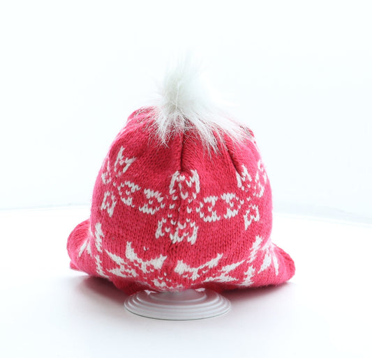 Preworn Girls Pink Fair Isle Acrylic Bonnet One Size - Pom Pom