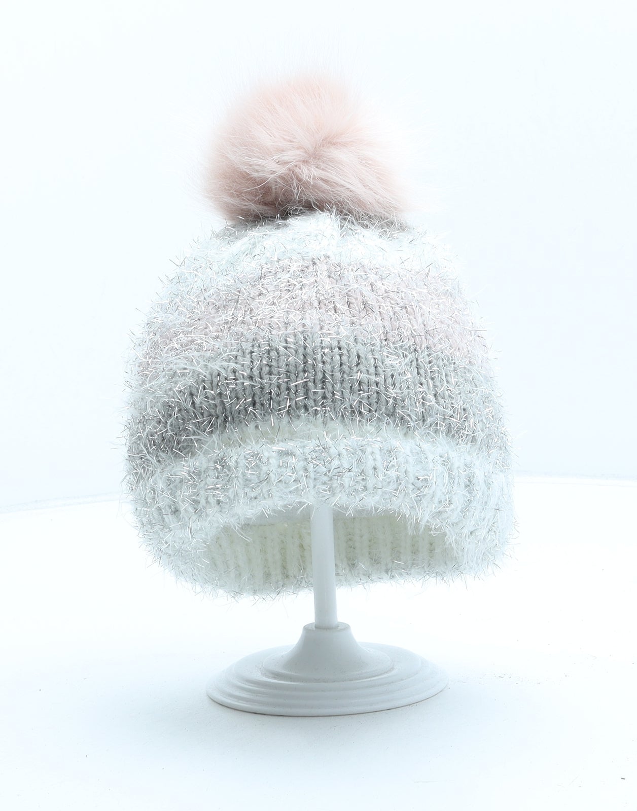 F&F Girls Grey Striped Acrylic Bobble Hat One Size