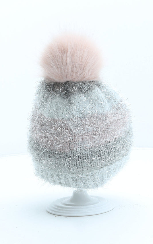 F&F Girls Grey Striped Acrylic Bobble Hat One Size