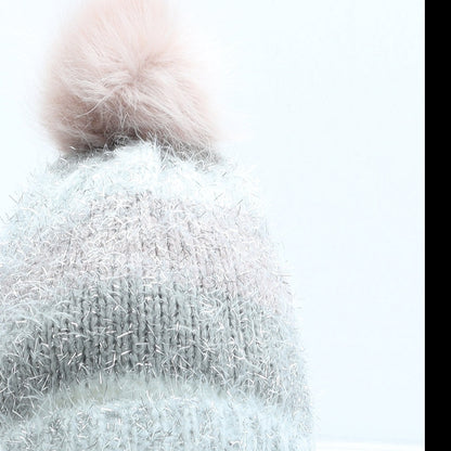 F&F Girls Grey Striped Acrylic Bobble Hat One Size