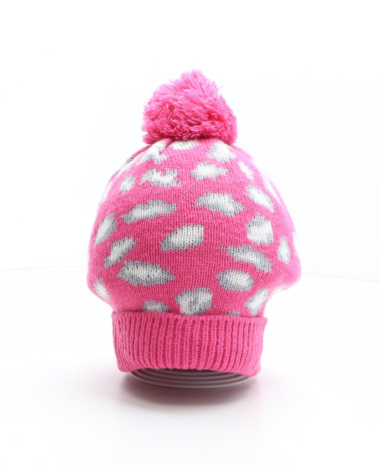 Preworn Girls Pink Animal Print Acrylic Bobble Hat One Size - Leopard print