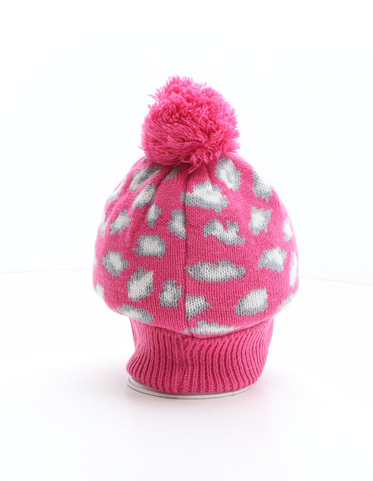 Preworn Girls Pink Animal Print Acrylic Bobble Hat One Size - Leopard print
