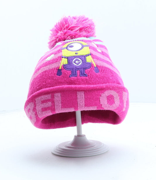George Womens Pink Striped Acrylic Bobble Hat One Size - Minions UK Size 4-8 Years
