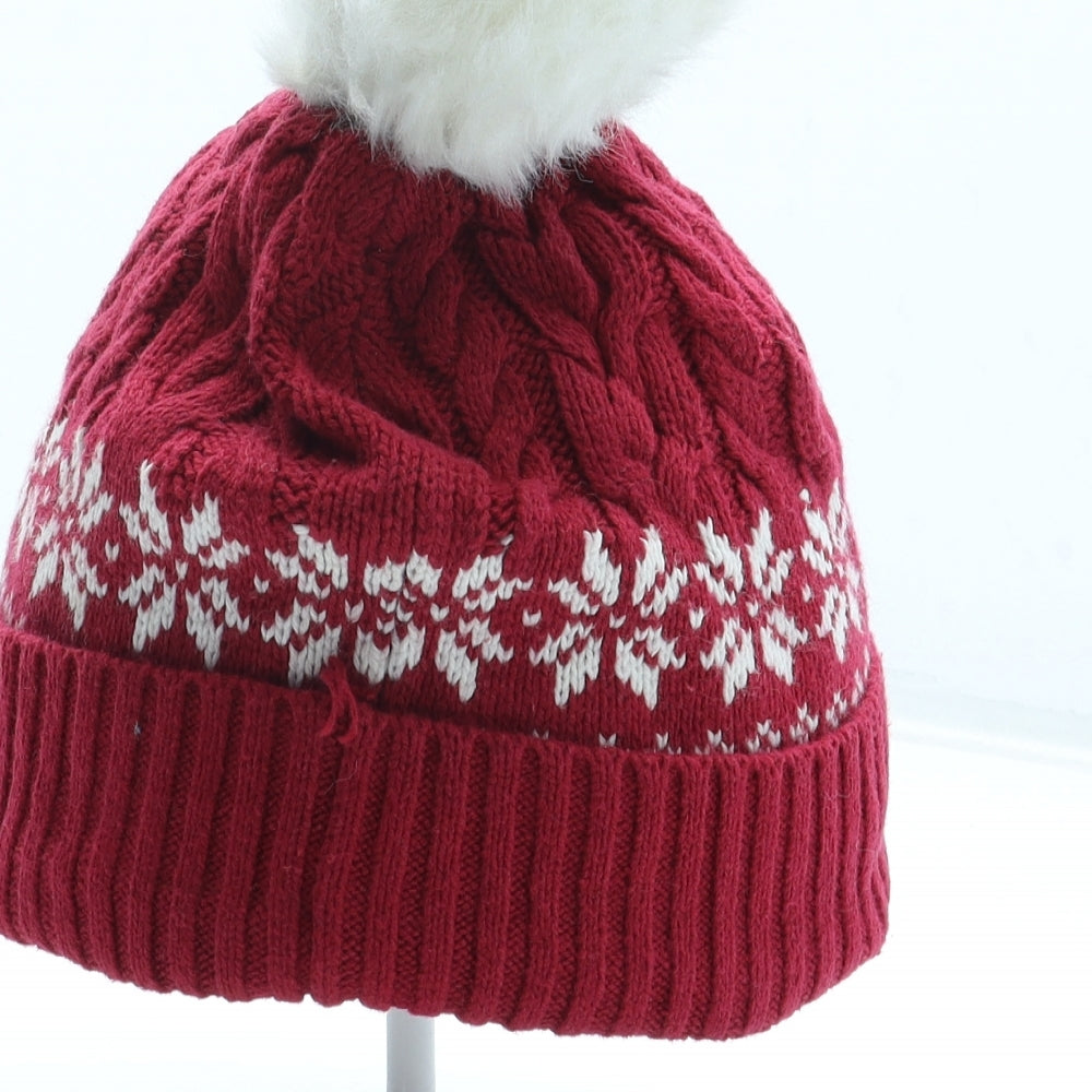 Preworn Girls Red Fair Isle Acrylic Bobble Hat One Size - Size 4-5 Years