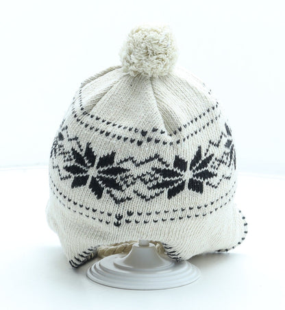 Preworn Girls Beige Fair Isle Wool Bobble Hat One Size