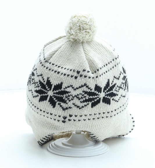 Preworn Girls Beige Fair Isle Wool Bobble Hat One Size
