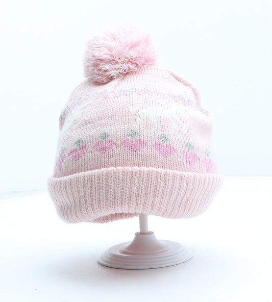 Primark Girls Pink Fair Isle Acrylic Beanie Size M - Unicorn