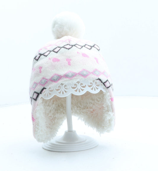 George Girls Pink Fair Isle Acrylic Bobble Hat One Size - UK Size 0-3 Months