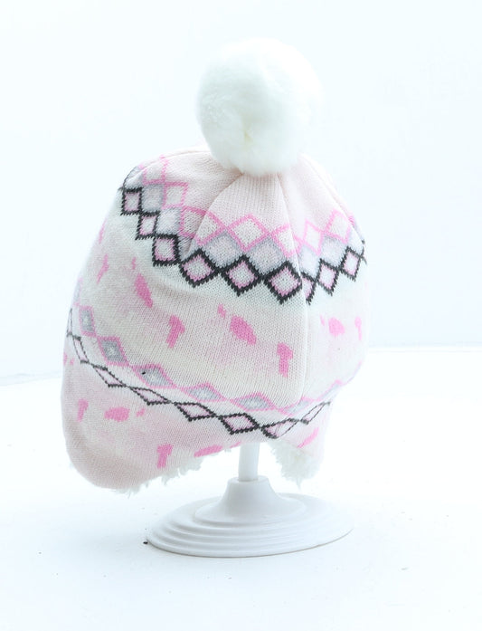 George Girls Pink Fair Isle Acrylic Bobble Hat One Size - UK Size 0-3 Months