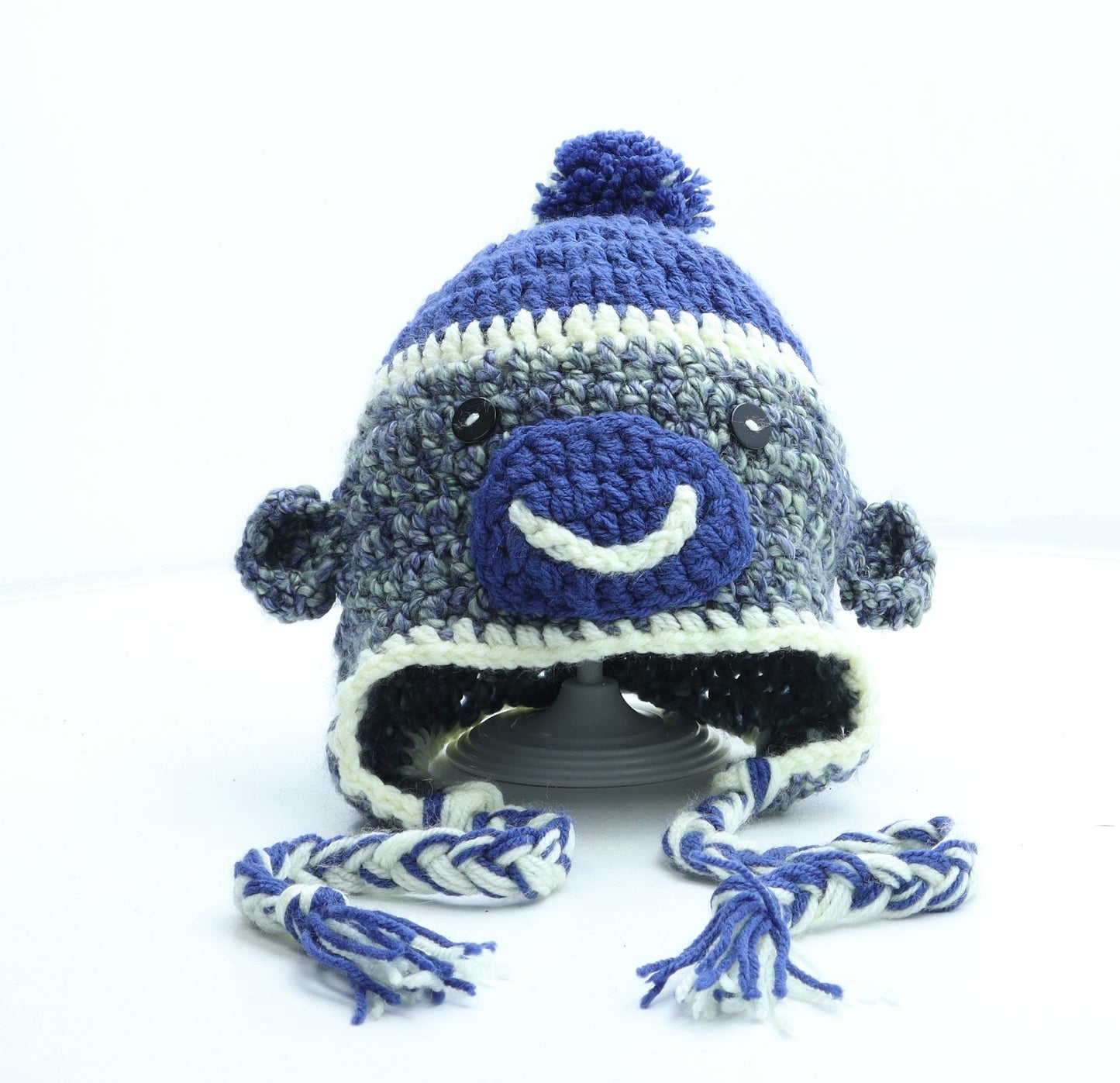 Preworn Boys Multicoloured Striped Acrylic Bobble Hat One Size - Monkey Ears