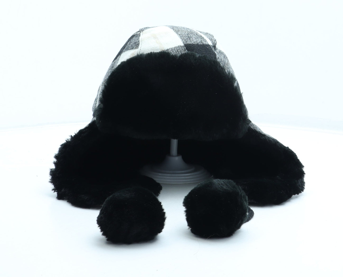 Preworn Womens Black Gingham Acrylic Trapper Hat One Size - Faux Fur Pom Pom